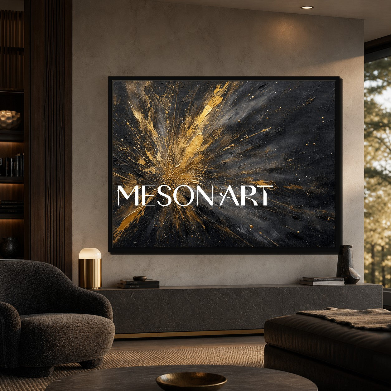 Black And Gold Abstract Art With Textured Relief For Modern Art Deco Living Room