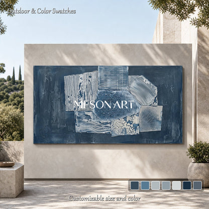 Blue Minimalist Abstract Painting With Textured Relief For Modern Living Room Decor
