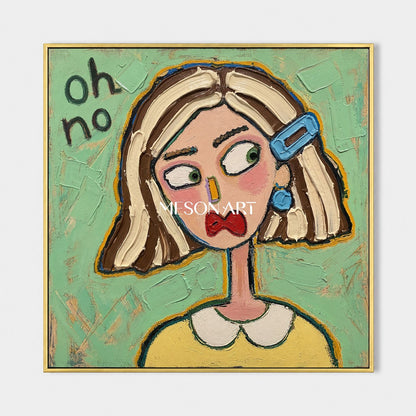 Colorful Pop Art Cartoon Portrait Painting With Textured Green Background For Modern Living Room Decor