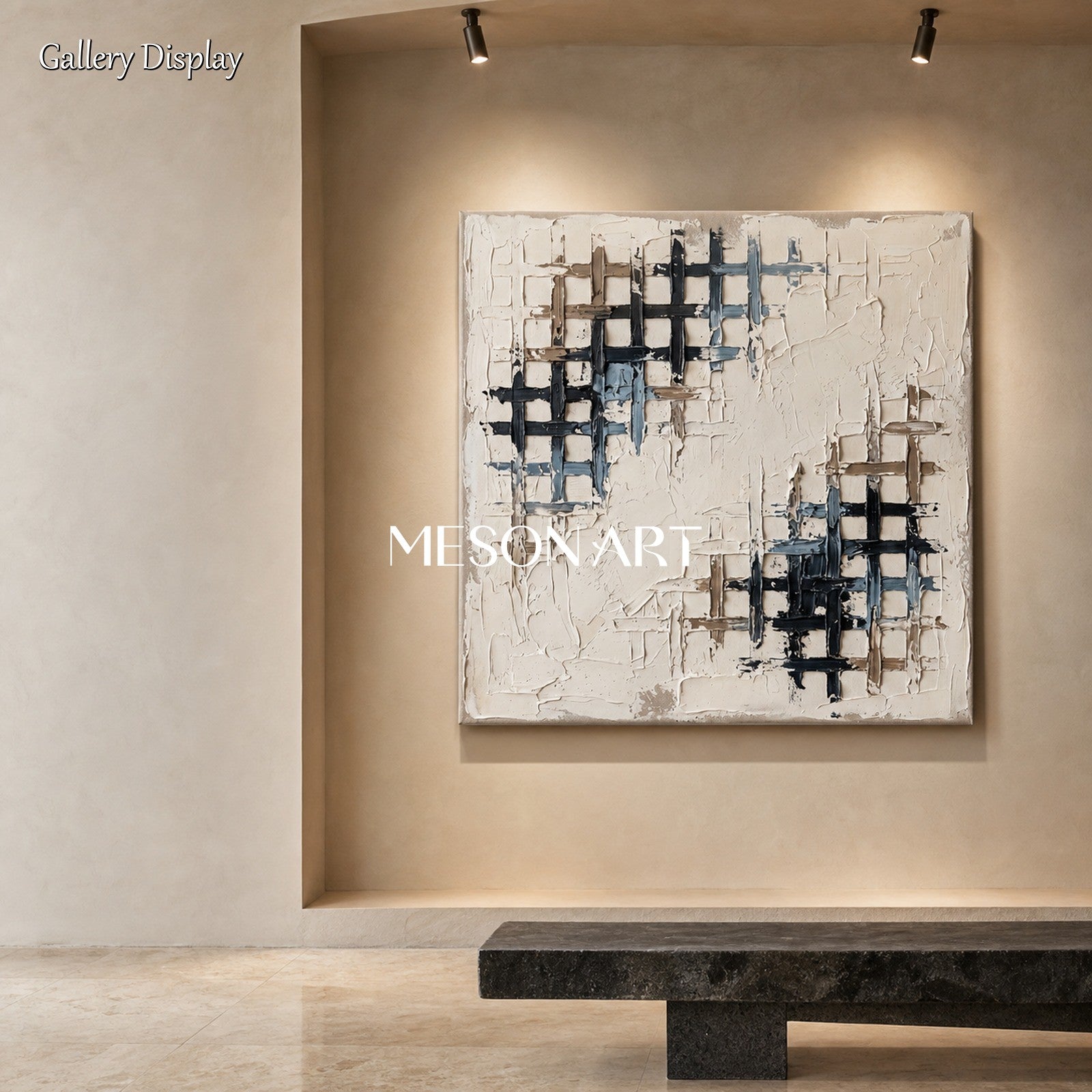 Minimalist Textured Abstract Art With Geometric Grid For Modern Living Room Decor