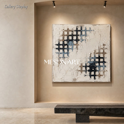 Minimalist Textured Abstract Art With Geometric Grid For Modern Living Room Decor