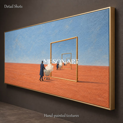 Blue And Brown Abstract Surrealism Mirror Painting Large Panoramic Wall Art For Living Room By Mesonart