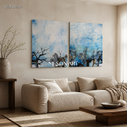 Blue And White Textured Abstract Landscape Painting Rectangular Wall Art For Living Room By Mesonart