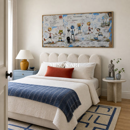 Blue And White Graffiti Narrative Figurative Cartoon Panoramic Wall Art For Living Room By Mesonart