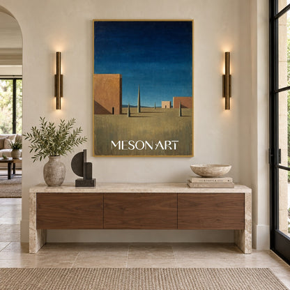 Blue Brown Surrealist Metaphysical Architectural Geometric Nostalgic Rectangular Wall Art By Mesonart