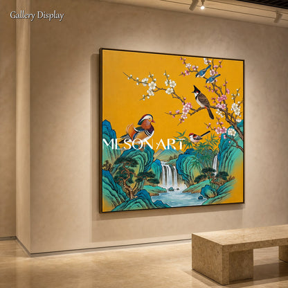 Gold And Blue Gongbi Painting Square Wall Art For Living Room By Mesonart