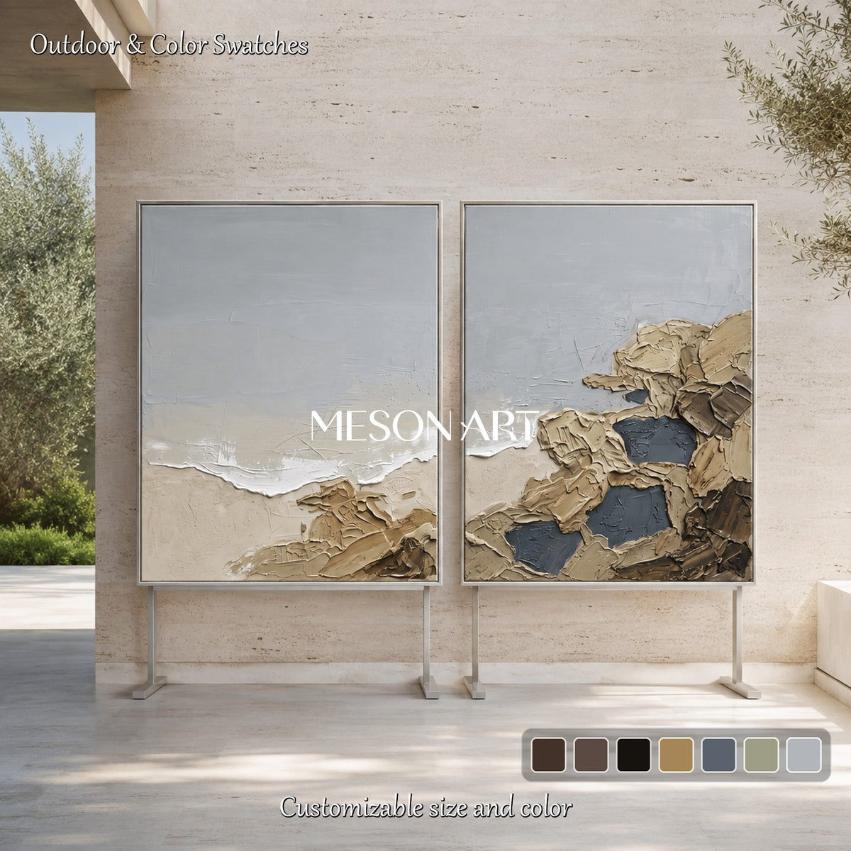 Dipinti astratti nei toni del beige e del grigio – Grande quadro rettangolare da appendere in salotto – Opera originale dell’artista Mesonart