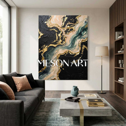 Luxury Abstract Seascape Painting With Gold Leaf Texture For Modern Living Room Decor