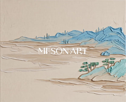 Beige And Blue Modern Impasto Mountain Painting Rectangular Wall Art For Living Room By Mesonart