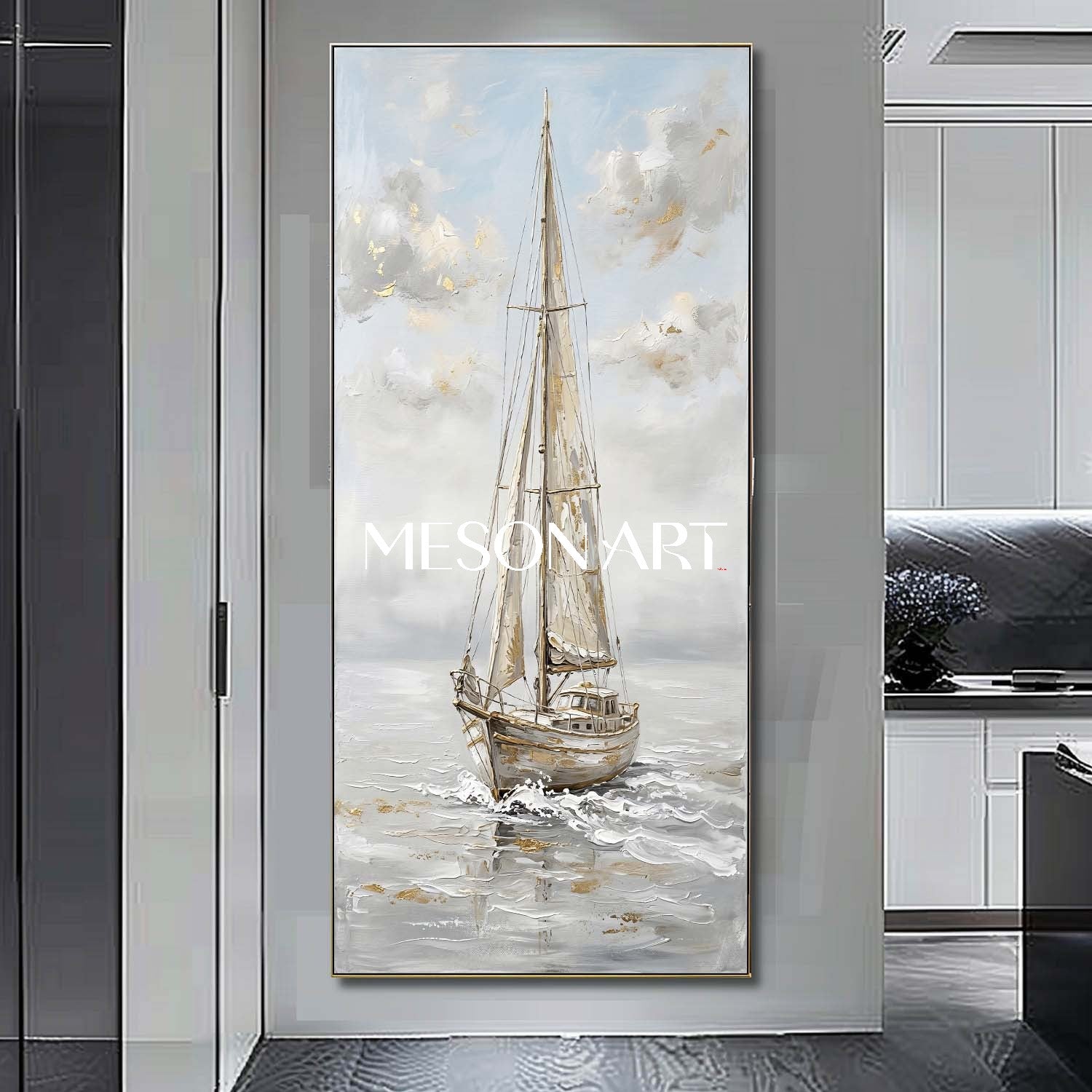 Minimalist Nautical Art Print Of Solitary Sailboat On Misty Sea For Modern Entryway Wall Decoration