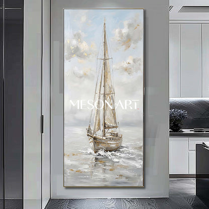 Minimalist Nautical Art Print Of Solitary Sailboat On Misty Sea For Modern Entryway Wall Decoration