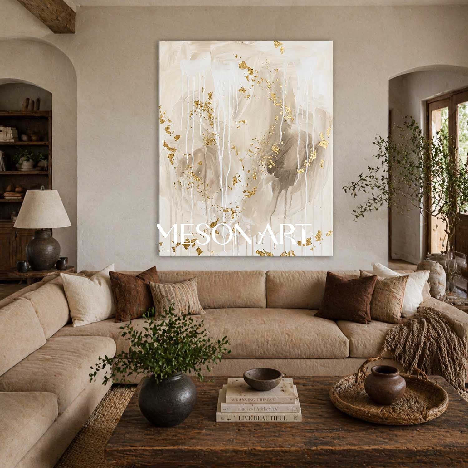 Luxury Gold Leaf Abstract Painting With Beige Tones For Modern Home Decor
