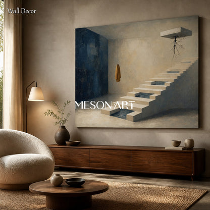 Surrealist Staircase Painting With Floating Roots And Coat For Executive Office Decor