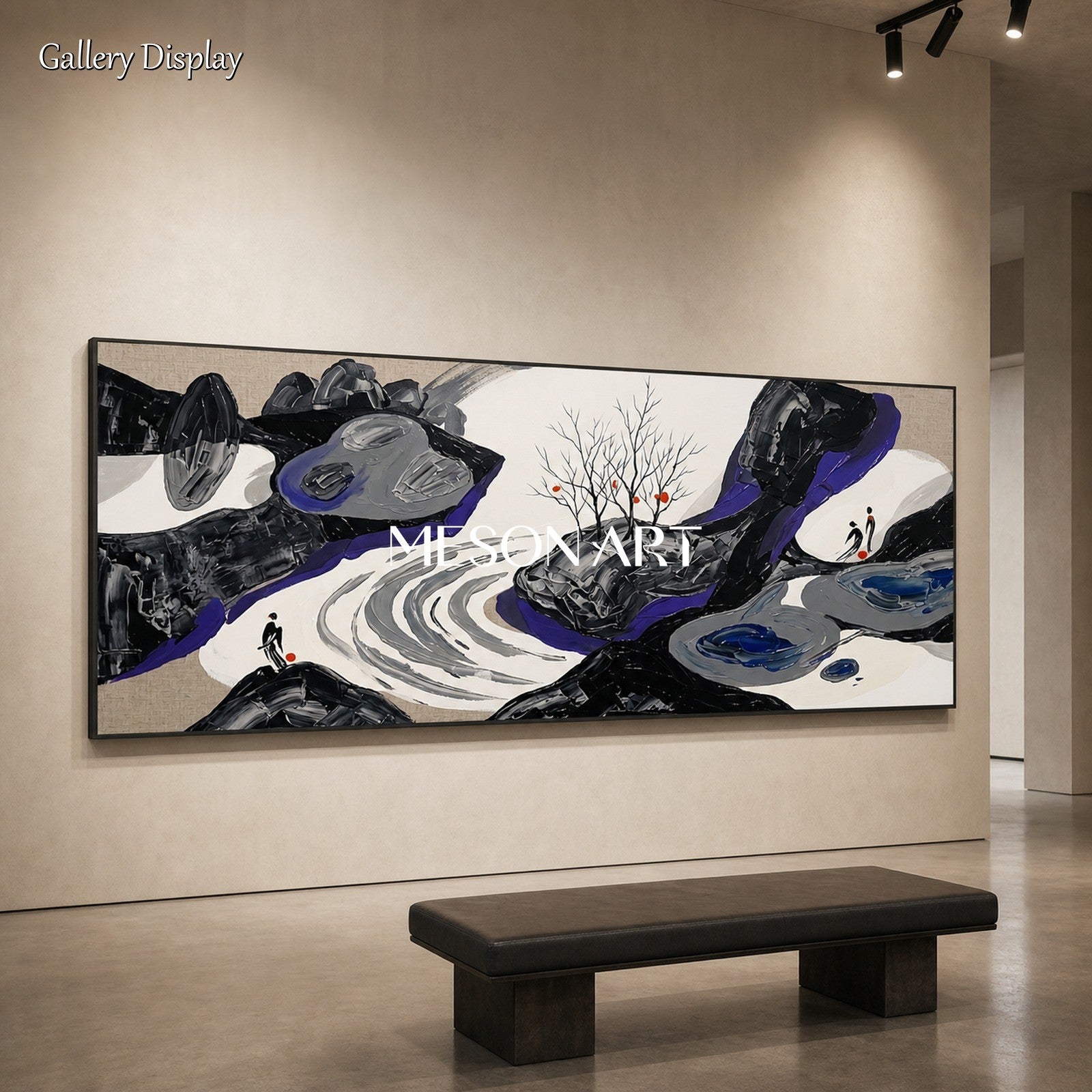 Large Black And White Textured Landscape Painting With Palette