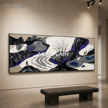 Large Black And White Textured Landscape Painting With Palette Knife Technique For Modern Home