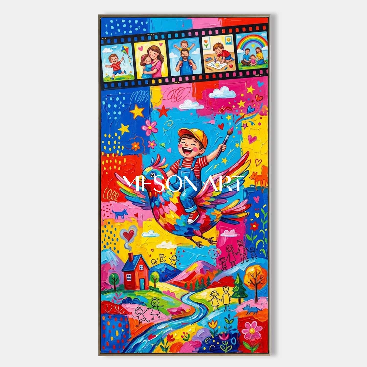 Colorful Surrealist Painting Of Boy On Bird For Kids Room Wall Art
