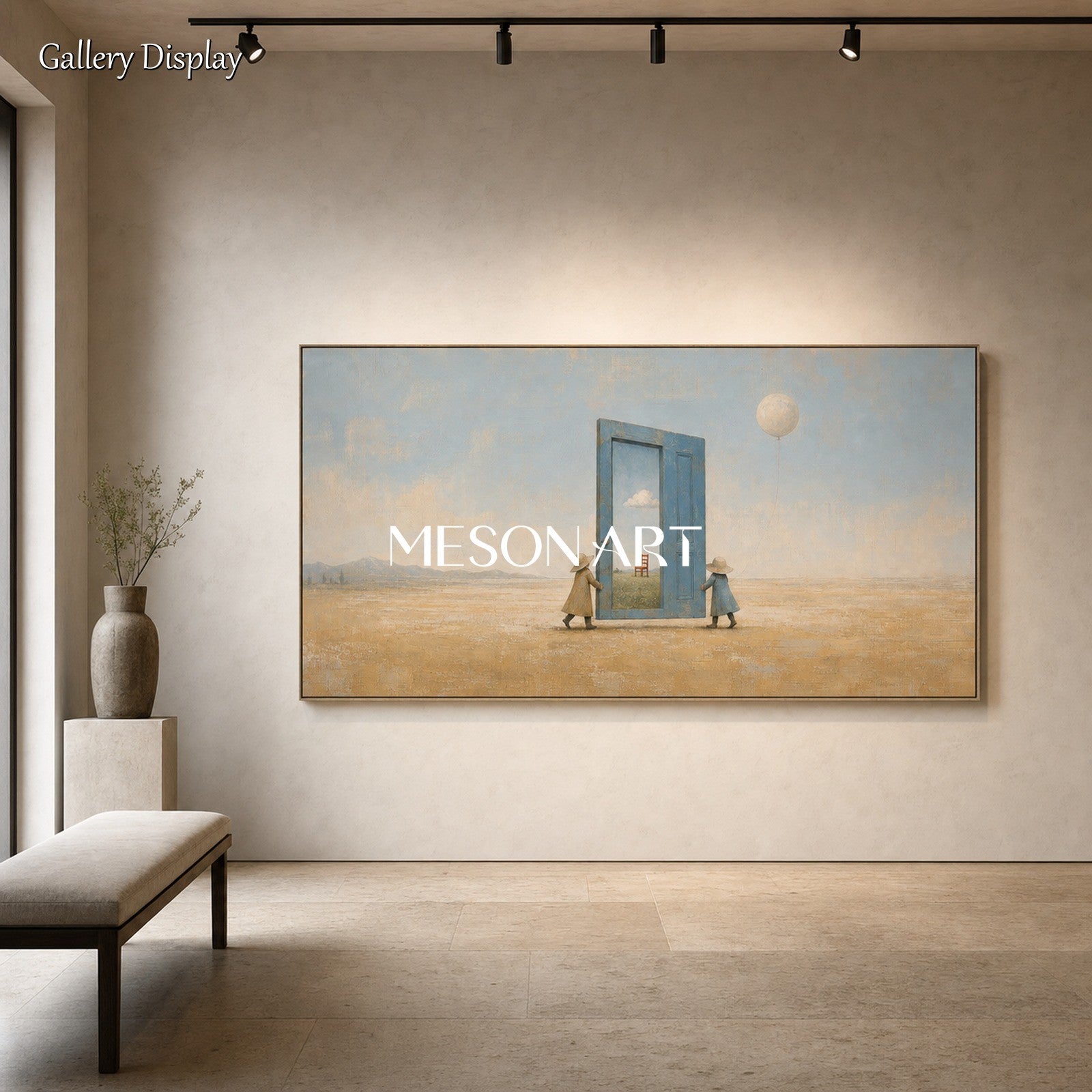 Surrealist Art Painting With Door And Figures For Living Room Decor