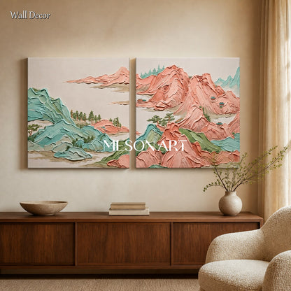 グリーンとベージュのインパスト技法を用いた山岳風景画　モダンな正方形のウォールアート　メゾナートによるオリジナルアーティストの風景画