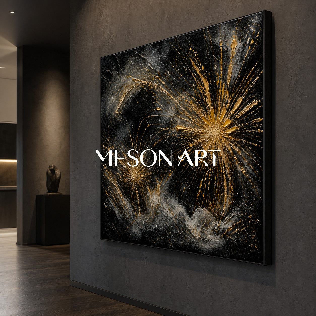 Luxury Black And Gold Abstract Art With Textured Relief For Modern Living Room Decor