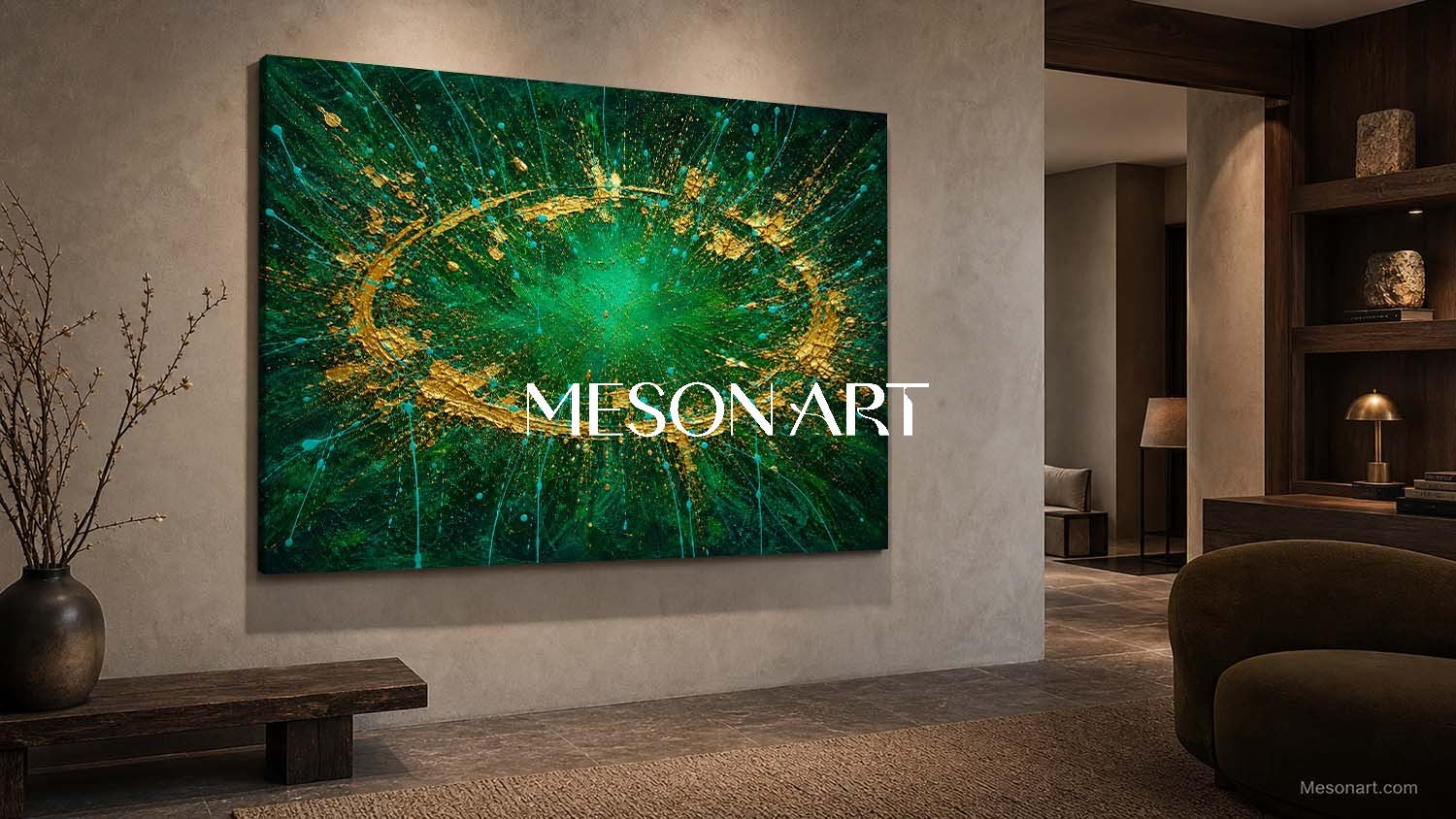 Emerald Green And Gold Abstract Art Painting Modern Decor For Living Room Entryway