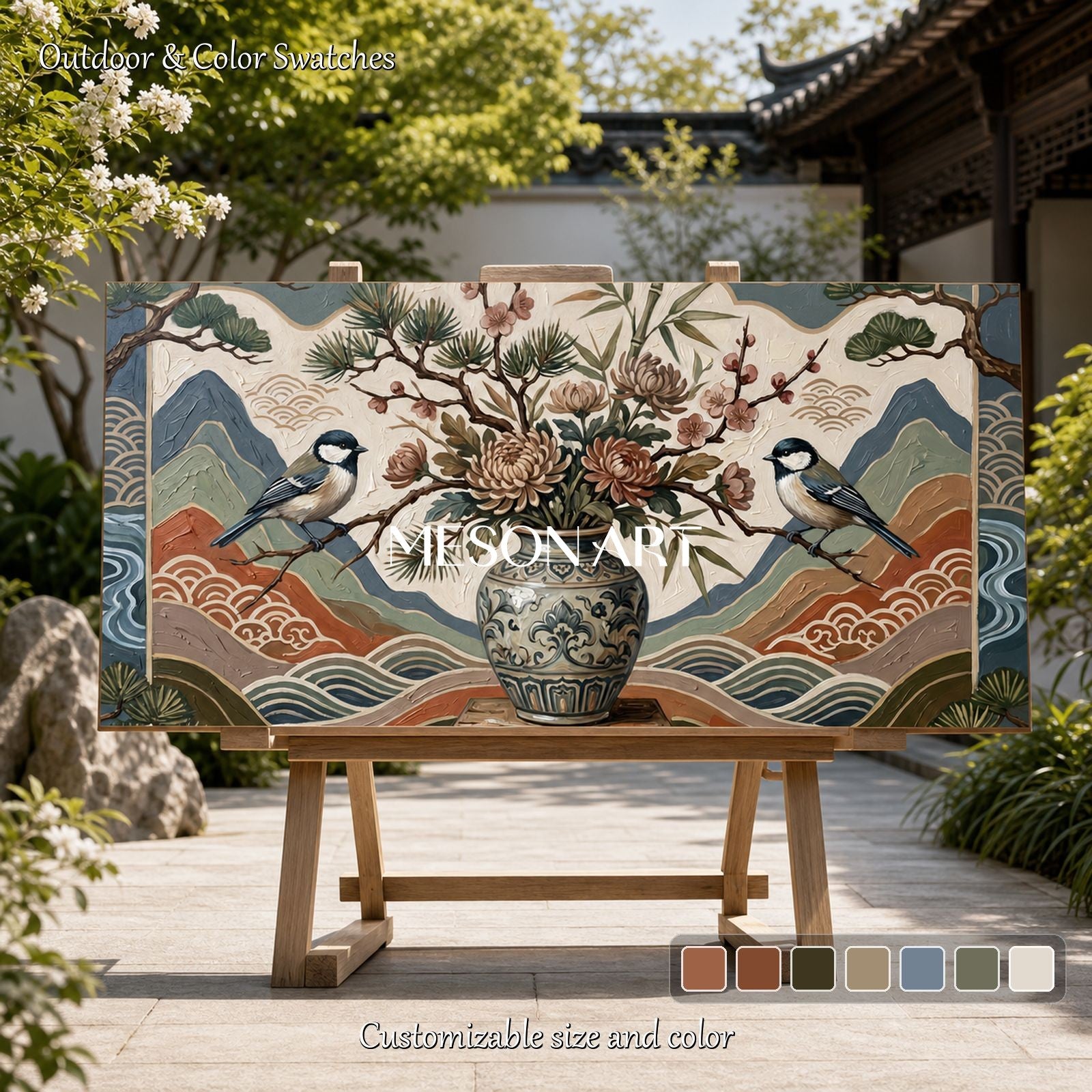 Large Chinoiserie Bird And Floral Art Painting With Textured Relief For Living Room Decor