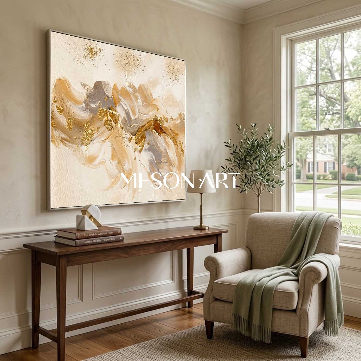 Luxury Abstract Gold Leaf Painting Beige Neutral Modern Art For Living Room