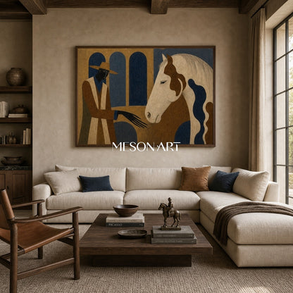 Art Deco Cowboy And Horse Painting For Living Room Decor