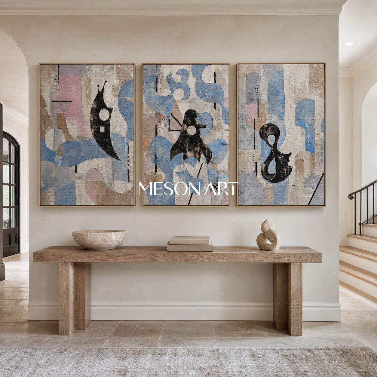 リビングルームのための抽象的なブルーベージュトリプティクウォールアートモダンミニマル絵画