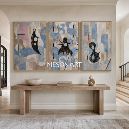 リビングルームのための抽象的なブルーベージュトリプティクウォールアートモダンミニマル絵画