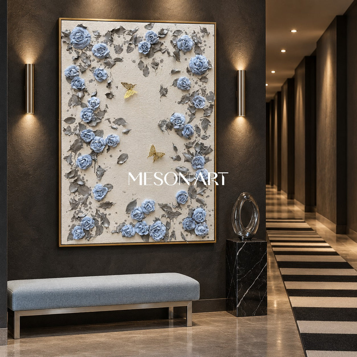 Blue And Gray Botanical Painting Original Hand Painted Modern Organic Wall Art Rectangular Canvas By Mesonart
