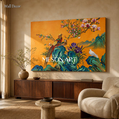 Orange And Blue Gongbi Bird And Blossom Painting Rectangular Wall Art For Living Room By Mesonart