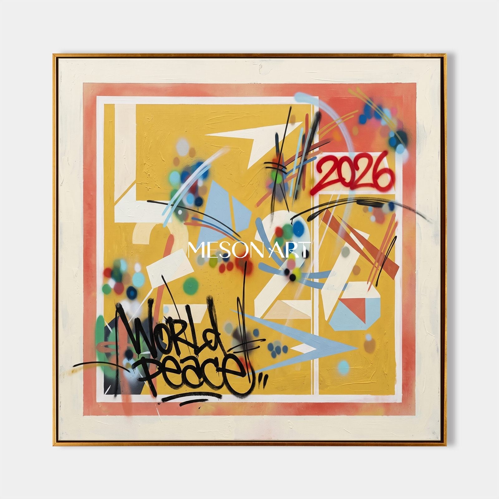 Yellow Graffiti Painting Banksy Style Square Wall Art For Living Room By Mesonart