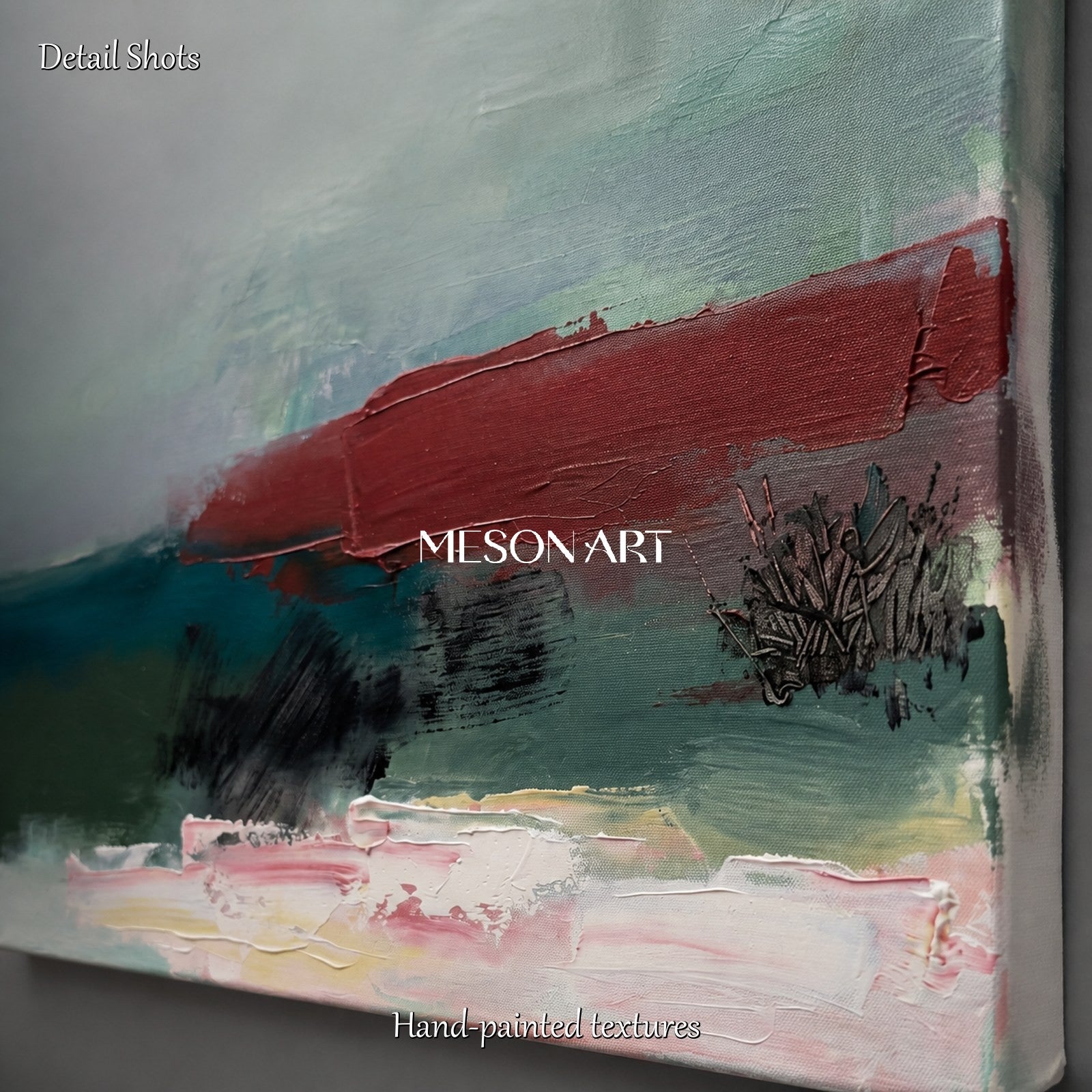 Green And Red Abstract Landscape Painting Modern Textured Square Wall Art For Living Room By Mesonart
