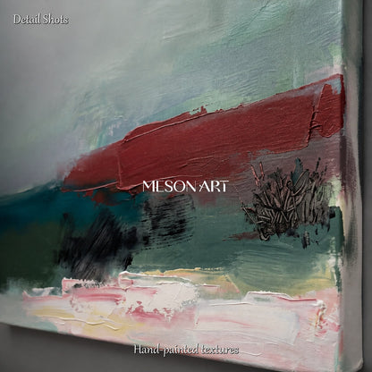 Green And Red Abstract Landscape Painting Modern Textured Square Wall Art For Living Room By Mesonart
