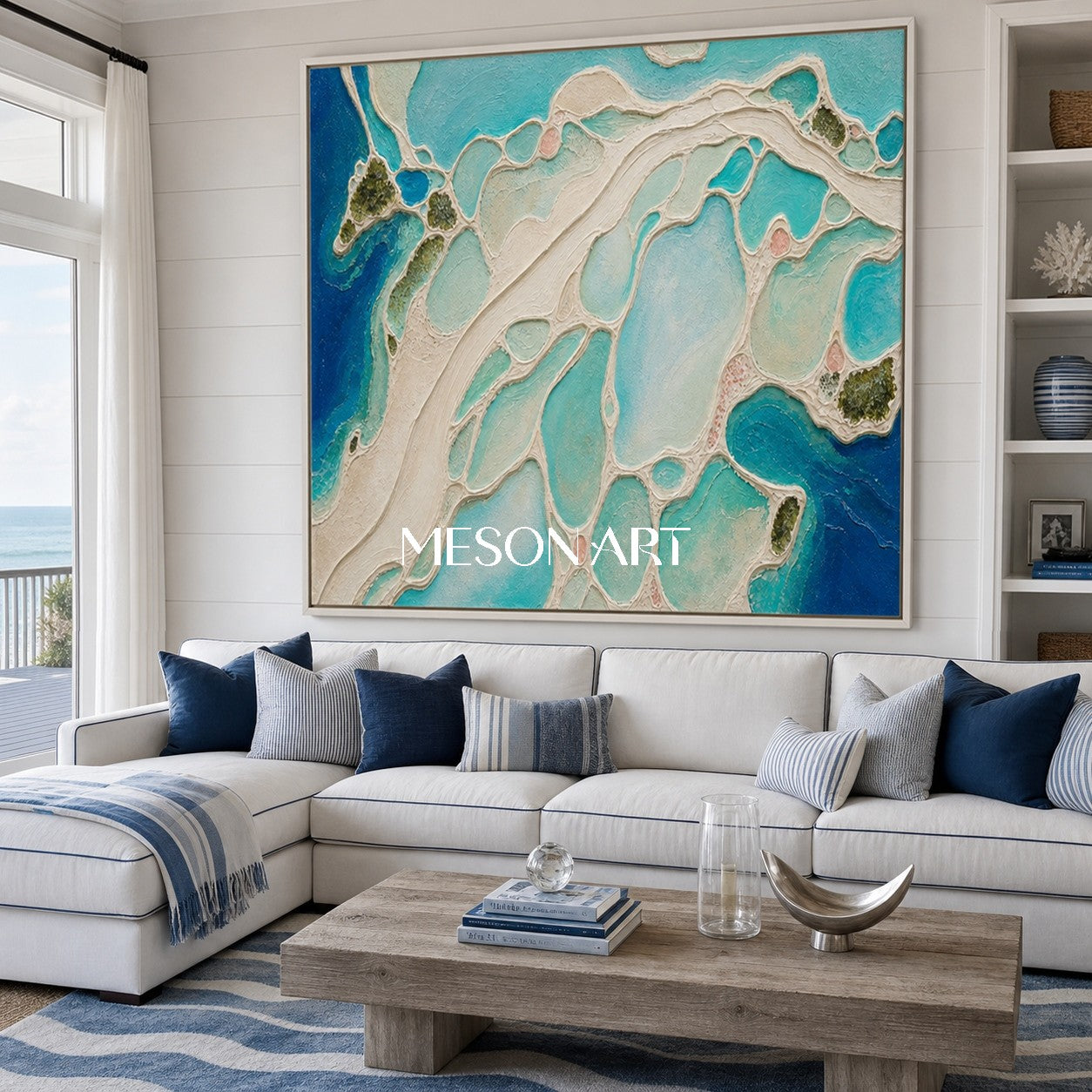 Abstract Ocean Art With Textured Relief For Coastal Living Room Decor