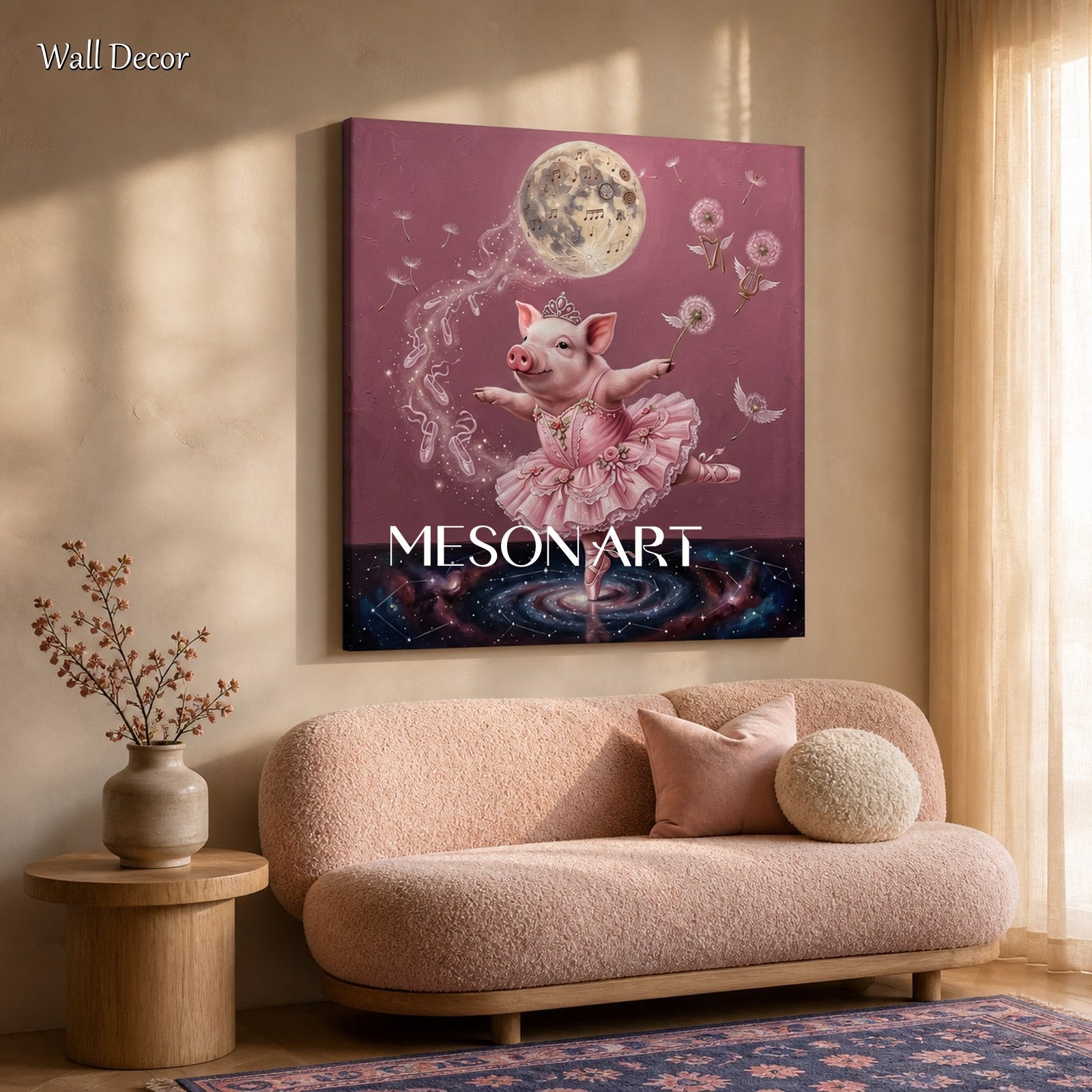 Pink And Gold Surrealist Painting Of Dancer Pig Square Wall Art For Kids Room By Mesonart