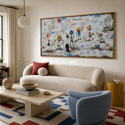Blue And White Graffiti Narrative Figurative Cartoon Panoramic Wall Art For Living Room By Mesonart