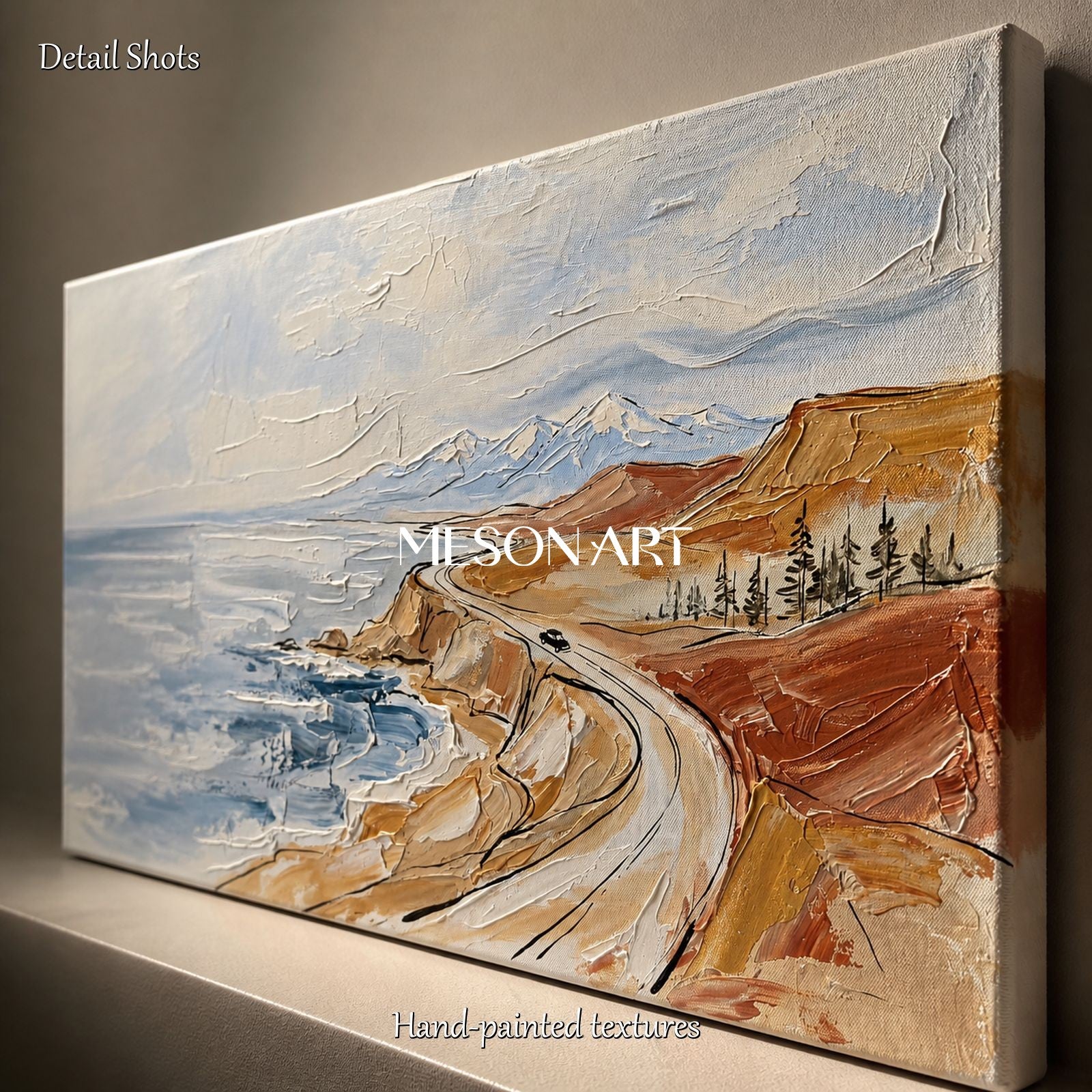Blue And Brown Mountain Landscape Painting Modern Textured Art Rectangular Wall Decor For Living Room By Mesonart