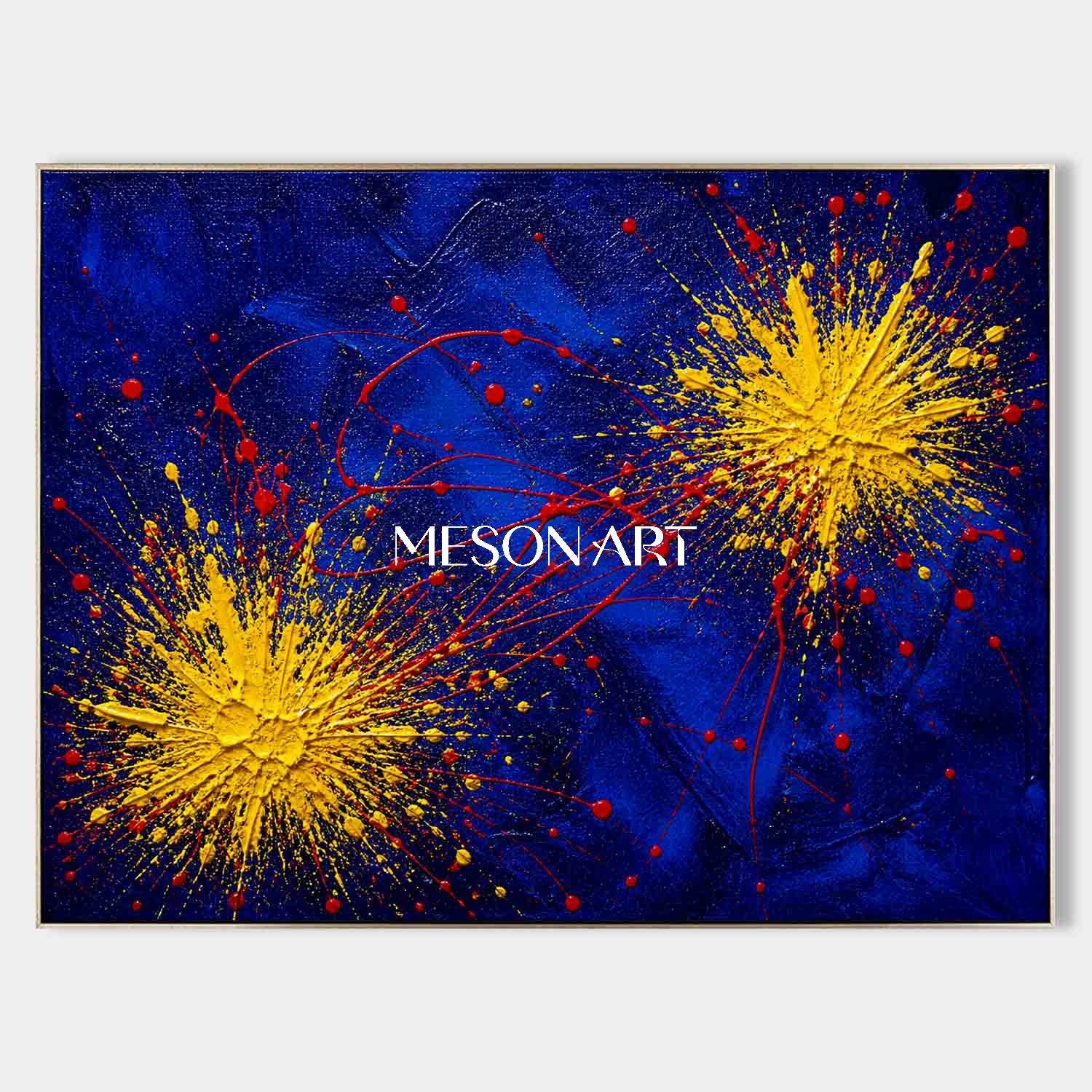 Original Yellow Blue Abstract Pollock Style Art With Dynamic Splatter Technique For Living Room
