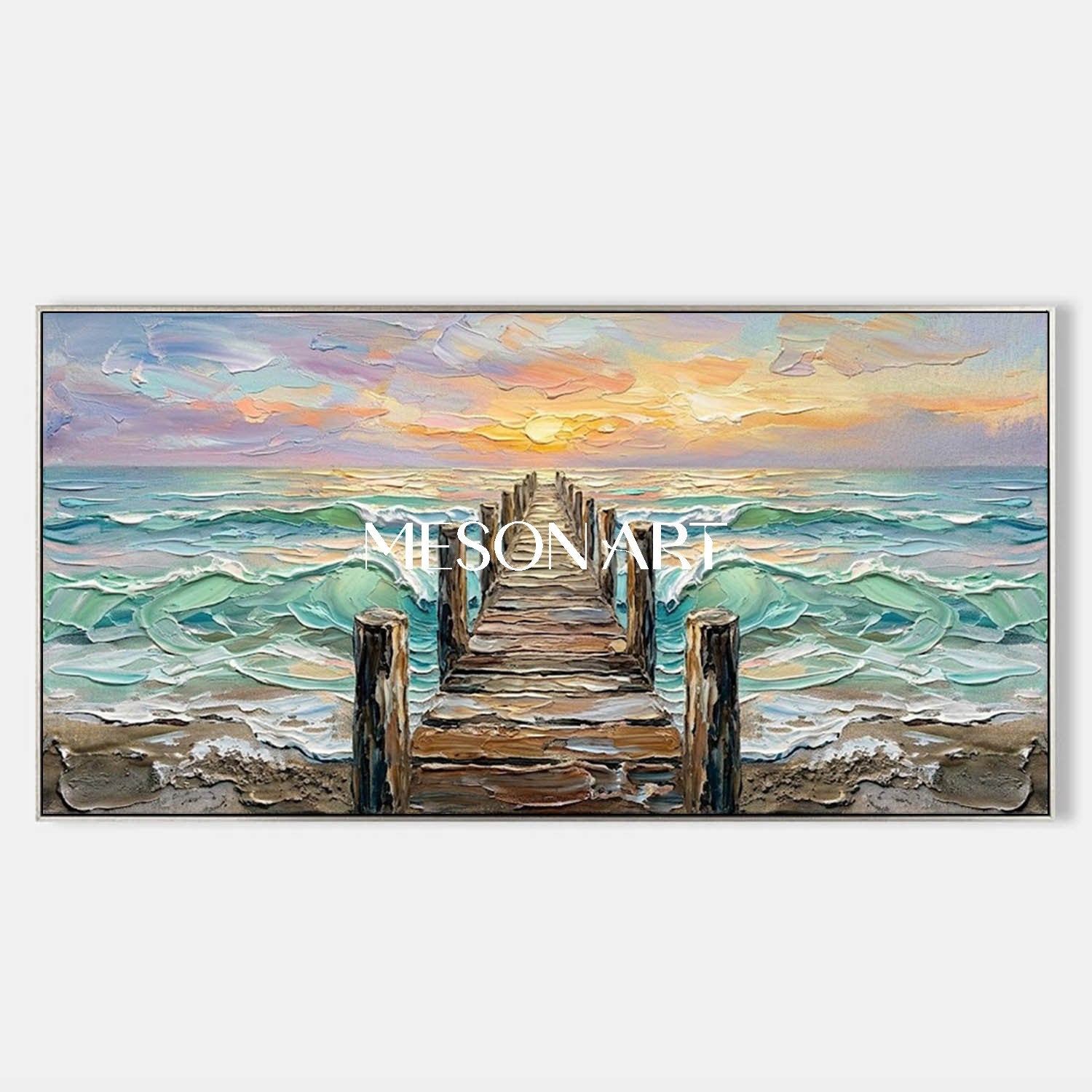 Luxury Coastal Seascape Art With Golden Sunset And Textured Waves For Living Room