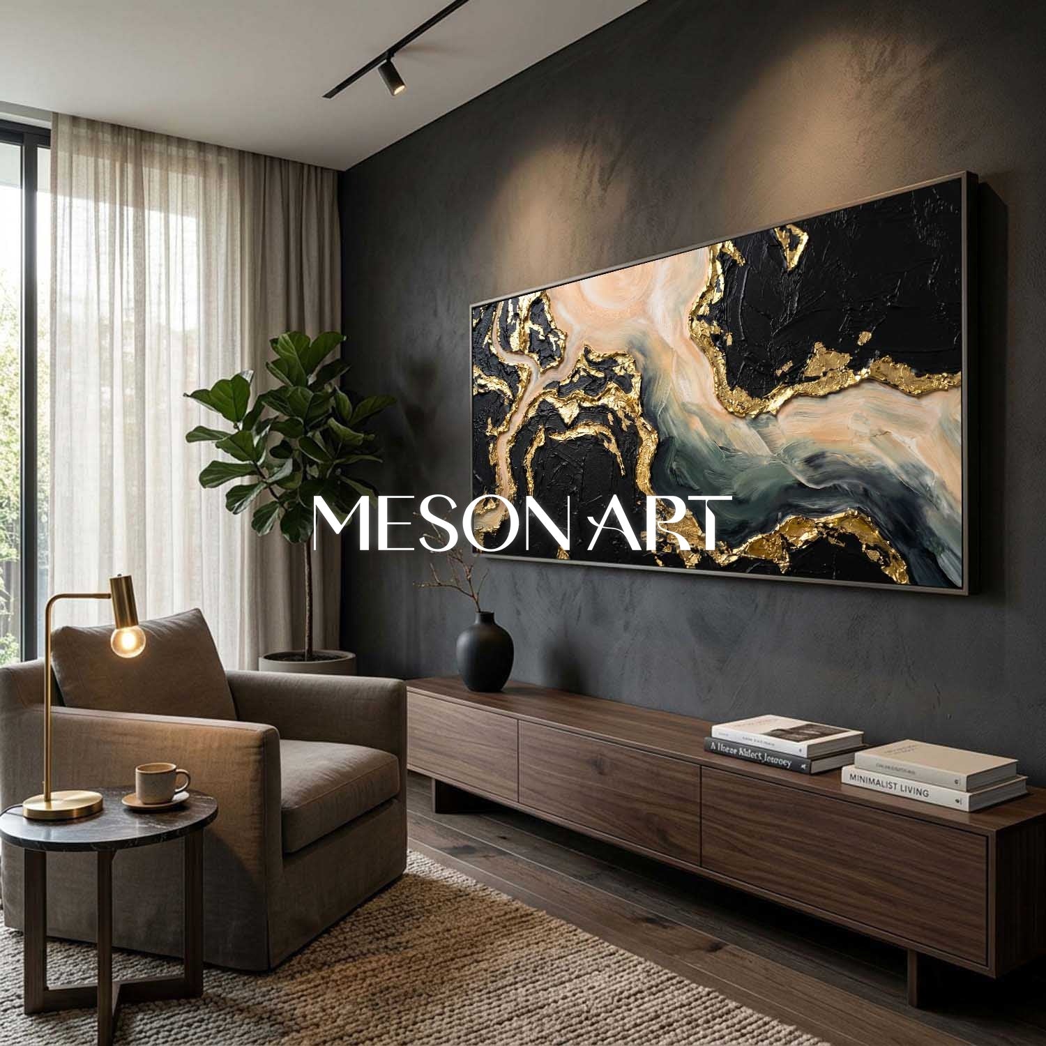 Gilded Tides Abstract Plaster Painting With Gold Leaf For Art Deco Living Room Entryway