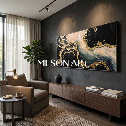 Gilded Tides Abstract Plaster Painting With Gold Leaf For Art Deco Living Room Entryway