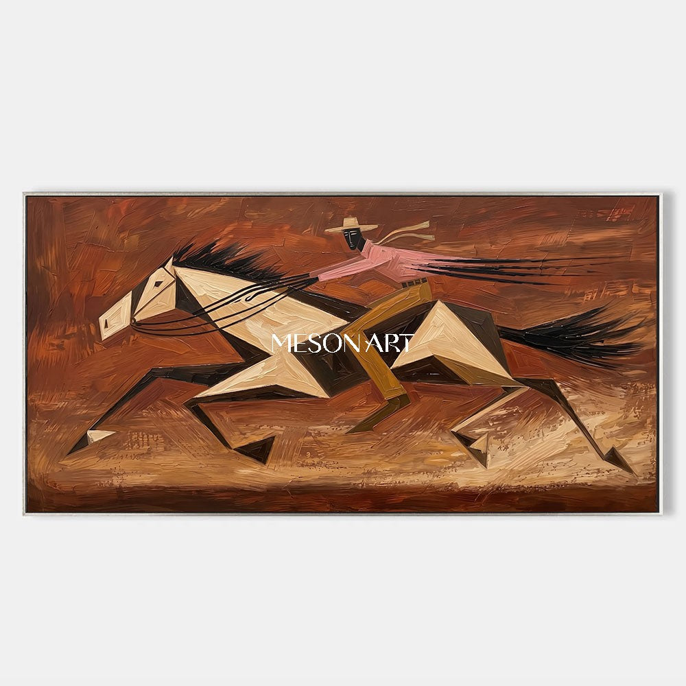 Abstract Geometric Horse Racing Painting With Textured Relief For Modern Living Room Decor