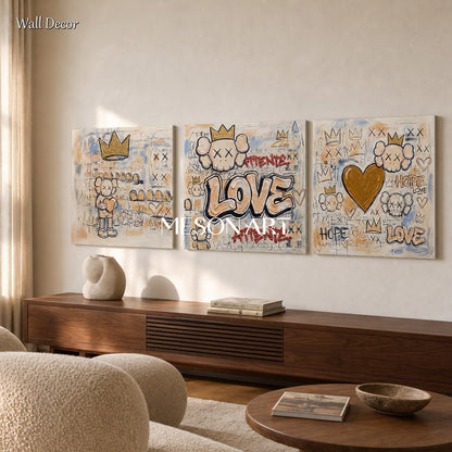 Urban Graffiti Wall Art With Crown And Heart Motifs For Modern Living Room Decor