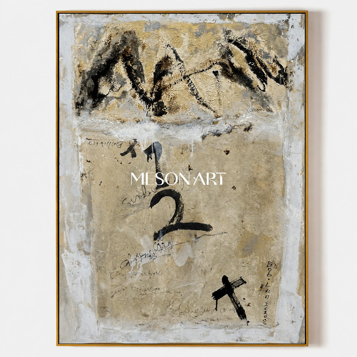 Black And Beige Abstract Art Original Mixed Media Painting Rectangular Wall Decor For Living Room By Mesonart
