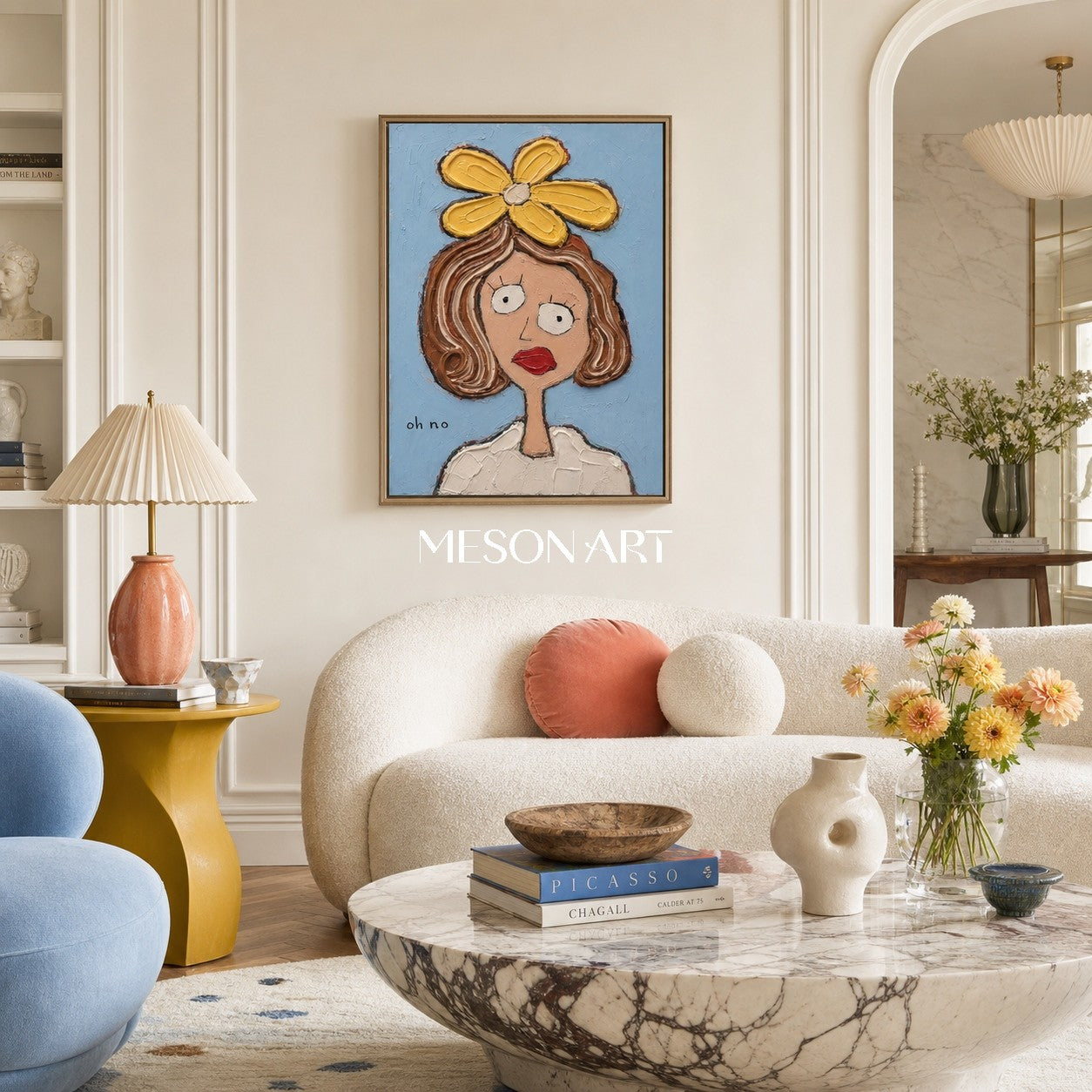 Pop Art Cartoon Portrait With Yellow Flower And Blue Background For Modern Living Room Decor
