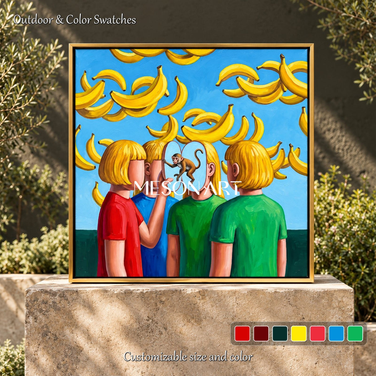 Yellow And Blue Surrealist Painting Banana Theme Square Wall Art Original Artist Hand Painted By Mesonart