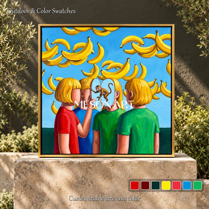 Yellow And Blue Surrealist Painting Banana Theme Square Wall Art Original Artist Hand Painted By Mesonart