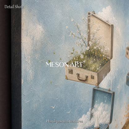 Surrealist Travel Art Painting With Floating Suitcases For Entryway Decor