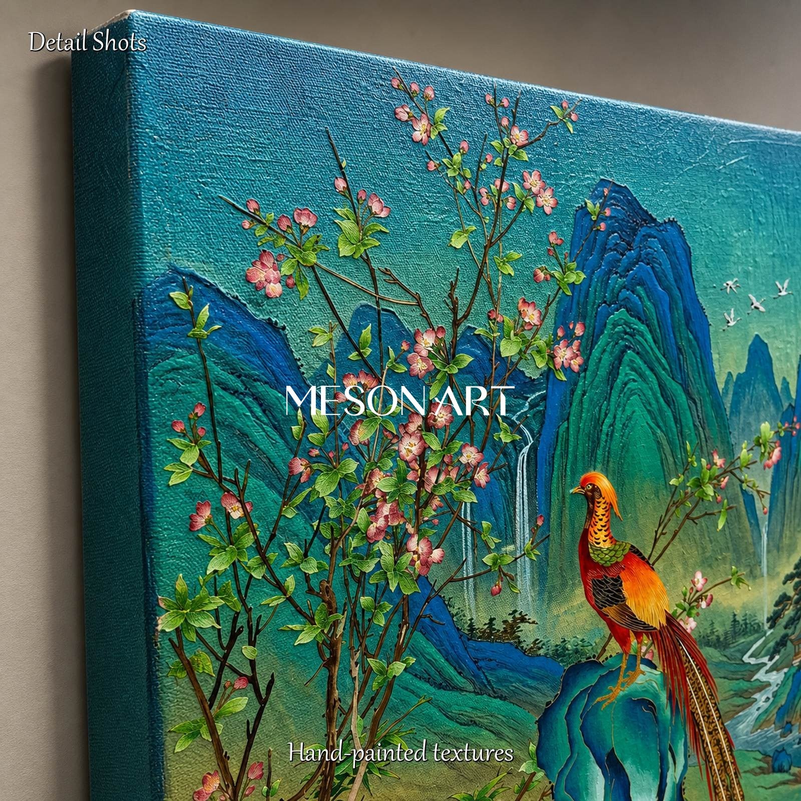 Blue And Green Gongbi Landscape Painting Rectangular Wall Art Bird And Blossom Original Artist By Mesonart